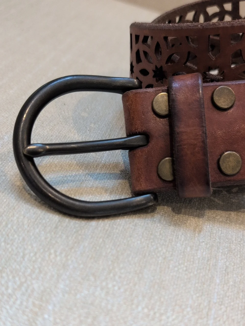 Brown Laser-Cut Floral Leather Belt Gunmetal Buckle Adjustable